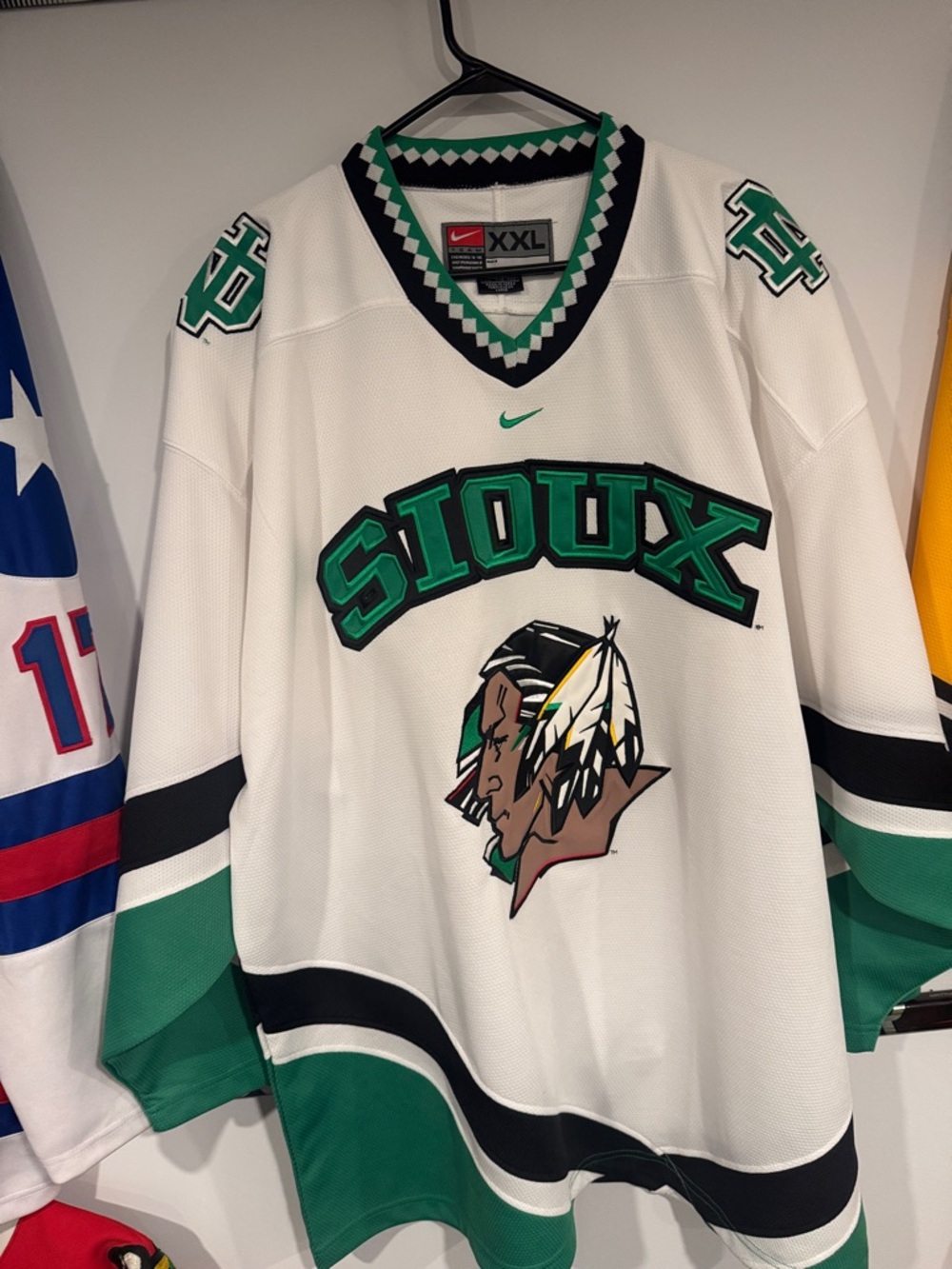 Nike White & Green Sioux Hockey Jersey